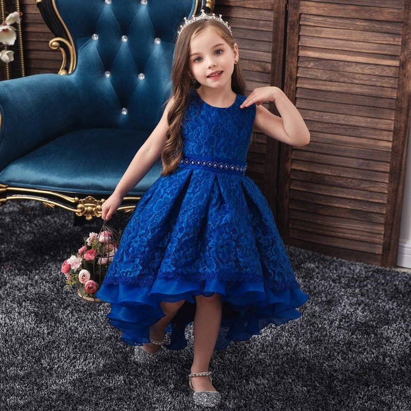 HIHCBF Flower Girls High Low Lace Dress Princess Wedding Pageant Birthday Christmas Party Formal Evening Dance Ball Gown Royal Blue 4-5T - Image 2